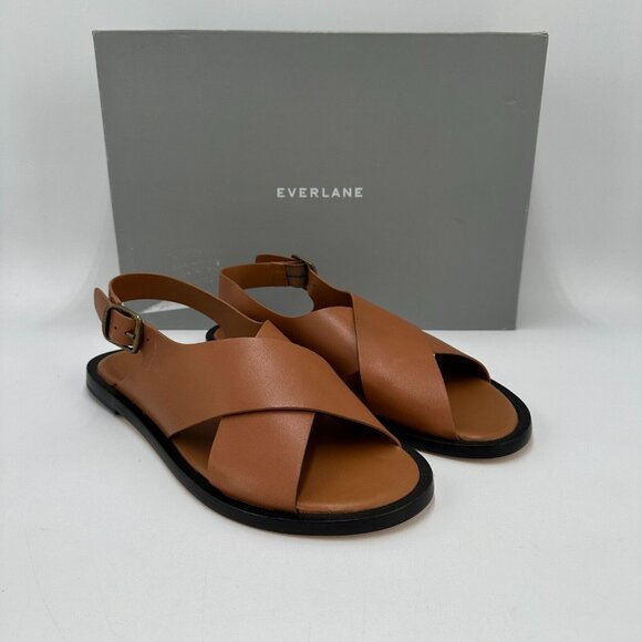 Everlane The City Crossover Sandals sz 9 Desert Tan Leather Ankle Strap Buckle - Picture 1 of 9